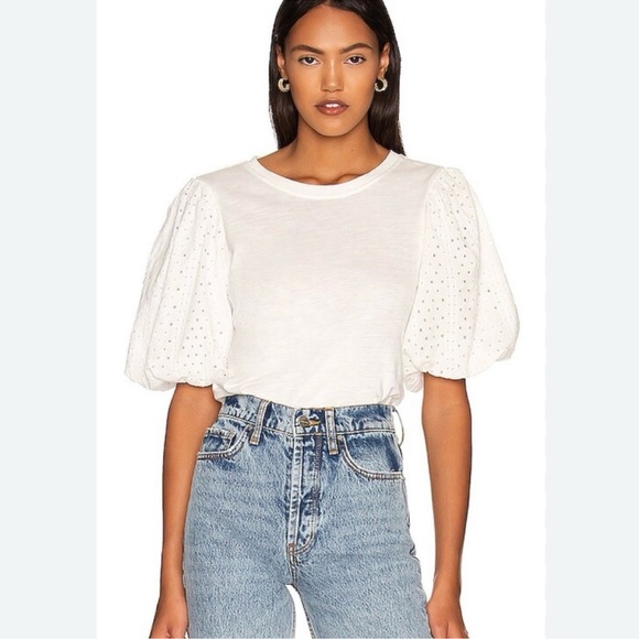 Sanctuary Tops - Sanctuary Women's Eyelet Puff Sleeve Blouse Stretch in white Size Large